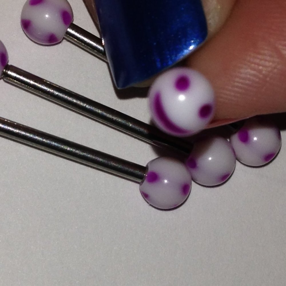 14 Gauge White and Purple Smiley Face Tongue Ring